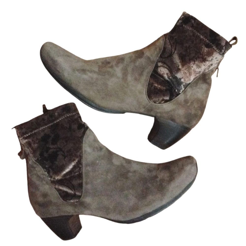 Think! Suede And Velvet Tapestry Ankle Boots Women's Gray Booties Size 9